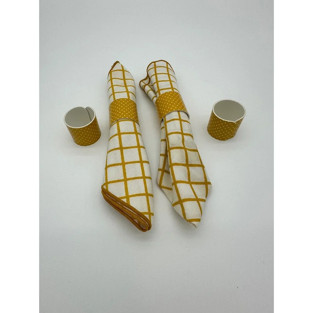 VTG Napkin Set and Rings Home Decor Grid Polka Dot Mustard Yellow OS